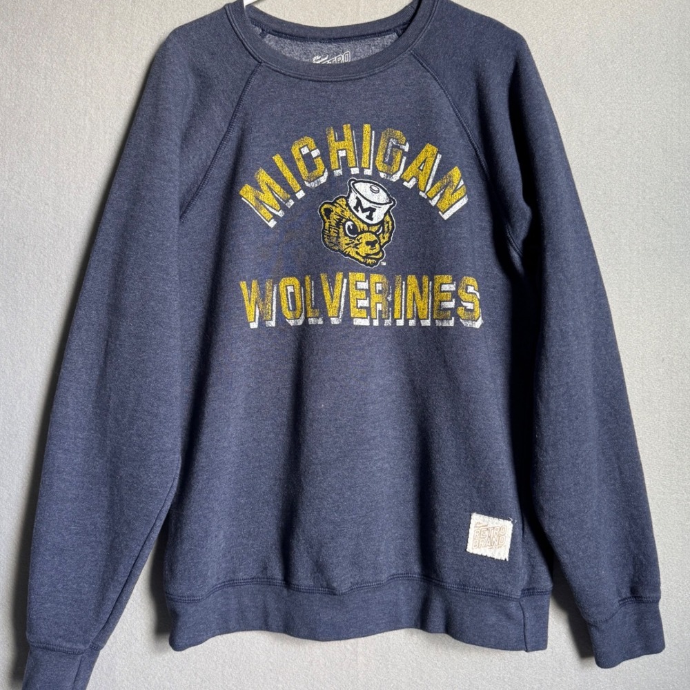 Retro Brand Michigan Wolverines Unisex Medium Blue Sweatshirt Vintage Mascot